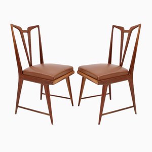 Vintage Italian Solid Wood Dining Chairs with Brown Skai Upholstery, Set of Six