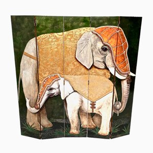Italian Five-Panel Room Divider with Two Asiatic Elephants by Doro, 1980s