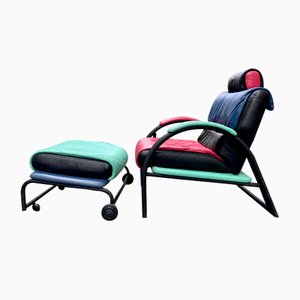 Postmodern Armchair with Ottoman in the Style of Sottsass, 1980s, Set of 2