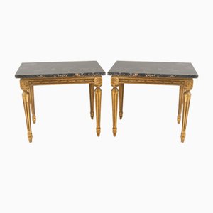 Antique Gilded Side Tables with Marble Tops, 1900s, Set of 2