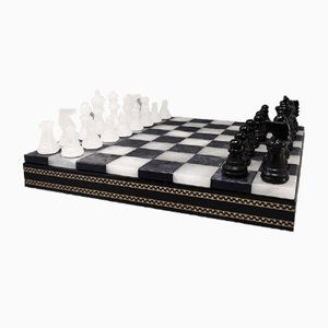 Italian Black and White Chess Set in Volterra Alabaster Handmade with Box, 1960s, Set of 33