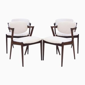 Model 42 Dining Chairs with White Upholstery by Kai Kristiansen for Schou Andersen, Set of 4