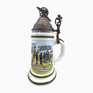 Antique Beer Pitcher in Porcelain and Pewter