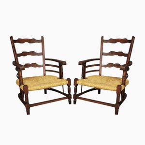 Vintage Wooden Armchairs with Low Straw Seat, 1920s, Set of 2