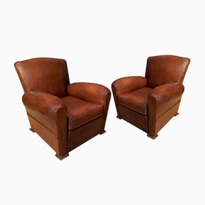 French Caramel Leather Chapeau Du Gendarme Club Chairs, 1930s, Set of 2