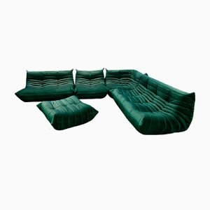 Salón Togo de terciopelo verde botella de Michel Ducaroy para Ligne Roset. Juego de 5