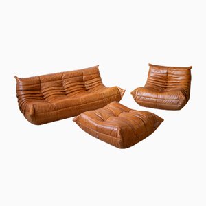 Vintage Dubai Pine Leather Togo Living Room Set by Michel Ducaroy for Ligne Roset, Set of 3