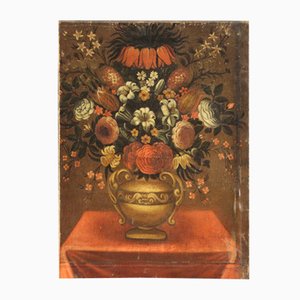 Peinture Antique, Nature Morte avec Vase et Fleurs, 17ème Siècle, Huile sur Toile, Encadrée