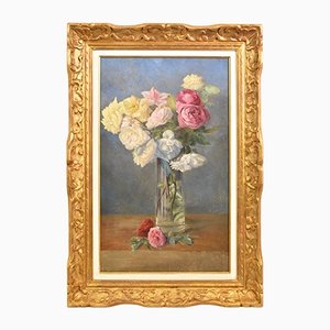 Pintura antigua, pintura al óleo de flores rosas, finales del siglo XIX,
