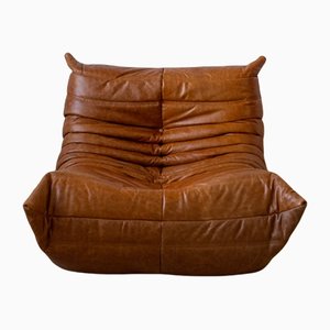 Vintage Pine Leather Togo Lounge Chair by Michel Ducaroy for Ligne Roset