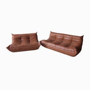 Kentucky Brown Leather Togo 2-Seat & 3-Seat Sofa Set by Michel Ducaroy for Ligne Roset, 1970s, Set of 2