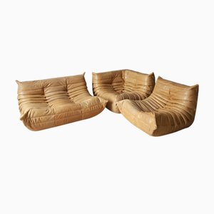 Camel Brown Leather Togo Corner Seat, Lounge Chair & 2-Seat Sofa Set by Michel Ducaroy for Ligne Roset, 1970s, Set of 3