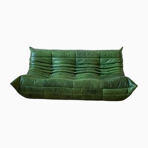 Vintage Green Leather 3-Seat Togo Sofa by Michel Ducaroy for Ligne Roset