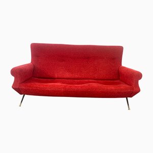 Sofa in Red Fabric with Black & Brass Feet, 1950s