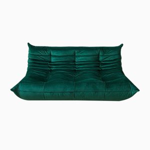 Bottle Green Velvet Togo 3-Seat Sofa by Michel Ducaroy for Ligne Roset