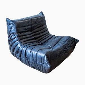 Vintage Black Pull-Up Dubai Leather Togo Lounge Chair by Michel Ducaroy for Ligne Roset
