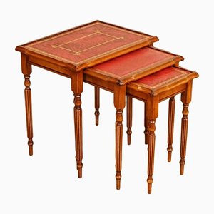 Yew Wood & Red Leather Embossed Nesting Tables, Set of 3
