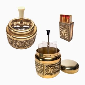 Vintage Brass Push-Down Rotary Ashtray, Cigarette Dispenser & Matchbox with Putti from Erhard & Söhne, 1960s, Set of 3
