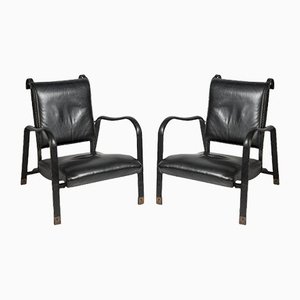 Poltrone vintage in pelle cucita di Jacques Adnet, set di 2