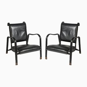 Vintage Stitched Leather Armchairs by Jacques Adnet, Set of 2