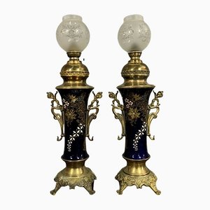 Petroleum Porcelain Lamps and Gilded Bronze, 1900s, Set of 2