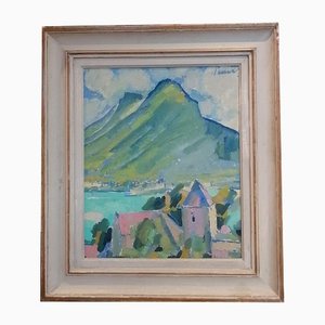 Percival Pernet, Lac d'Annecy, 1950, Oil on Wood, Framed