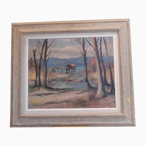 Walter Mafli, Au bord du lac, Portalban, 1946, Oil on Canvas, Framed