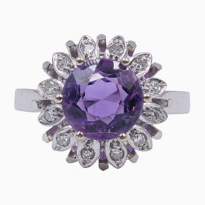Vintage 14 Karat White Gold Ring with Central 3 CT Amethyst and Diamonds, 1970s