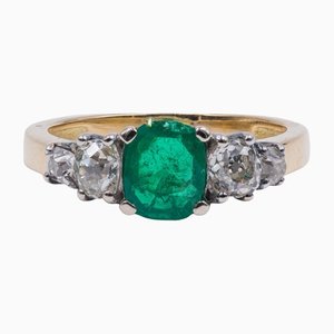 Vintage 18 Karat Gold Ring with Central Emerald and 0.50 CT Cut Diamonds, 1940s