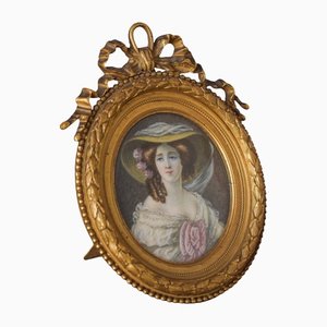 Portrait Miniature Antique d'une Dame dans un Cadre en Bronze