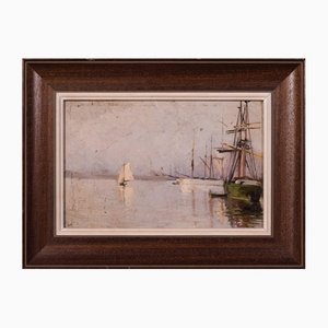Impressionist Marine Study of a Harbour and Sailing Ships, 1880s, Oil on Panel, Framed