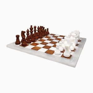 Handgemachtes Schachspiel in Braun & Weiß aus Volterra Alabaster, Italien, 1970er, 33er Set