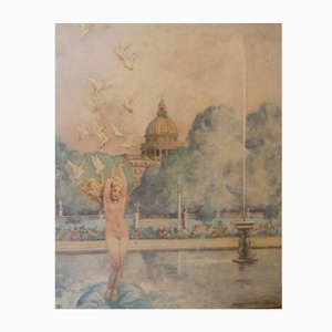 Raphael Delorme, Vénus avec Colombes, France, Huile sur Masonite, Encadrée
