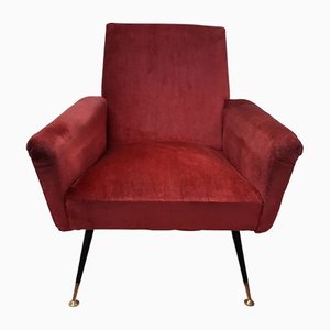Armchair in Bordeaux Velvet with Stiletto Feet with Brass Final, 1950s