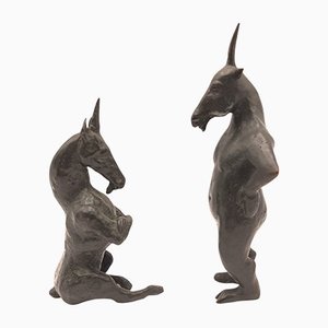 Esculturas de unicornio de bronce. Juego de 2