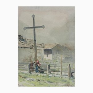 C. Koella, Cross Place Du Village, Aquarelle sur Papier, 1897
