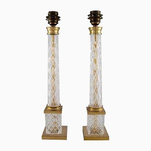 Tall Clear Crystal Glass & Brass Table Lamps, France, Set of 2