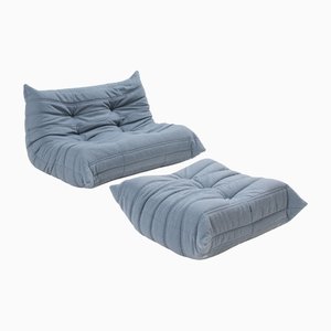 Blaues TOGO 2-Sitzer Sofa & Fußhocker von Michel Ducaroy für Ligne Roset, 2er Set