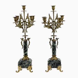 Brass and Copper Candelabras with Column & Base in Green Marble, 1940s, Set of 2