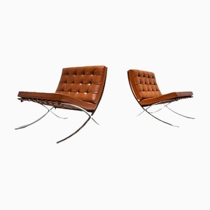 Cognac Leather Barcelona Chairs Set with Ottoman for Knoll, 1960s