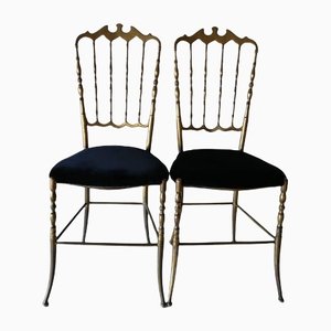Brass Chiavari Chairs with Velvet Seats & Long Backs, Italy, 1950s, Set of 2