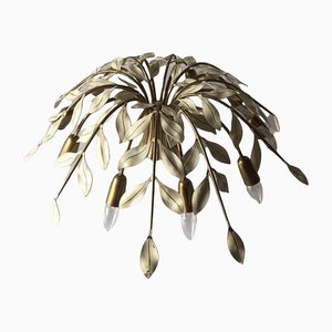 Brass 10 Armed Ceiling Lamp with White Enameled Leaves from Vereinigte Werkstätten München, Germany, Early 1960s