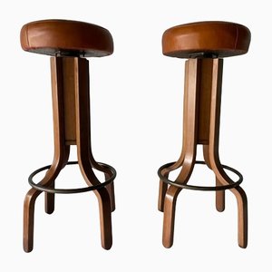 Leather & Bentwood Bar Stools, Italy, 1960s, Set of 2
