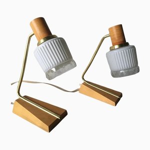 Brass & Wooden Bedside Lamps with Milk Glass Shades, Germany, 1950s
