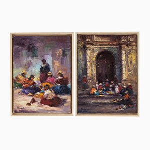 Nelly Binaghi, Seamstresses in Argentina, Oil on Canvas, Framed, Set of 2