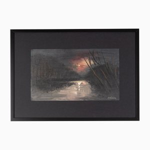 Fred Nömeier, Flusslandschaft Im Stimmungsvollen Licht Des Aufgehenden Mondes, Oil on Linen, Framed