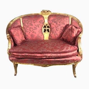 Louis XV Style Golden Carved Wood and Upholstered Sofa Bench