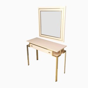 Postmodern Italian Pale Pink Formica and Brass Console with Wall Mirror, Set of 2
