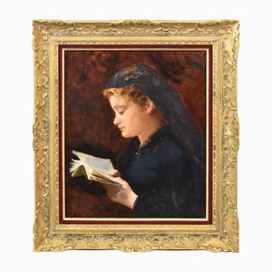 Mujer leyendo, siglo XIX, óleo sobre lienzo, enmarcado