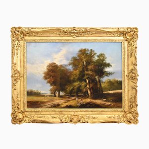 Bosque y pintor, siglo XIX, óleo sobre lienzo, enmarcado